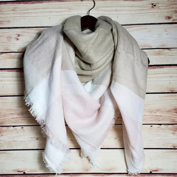 Beige White and Pink Plaid Blanket Scarf - Picture 1 of 5